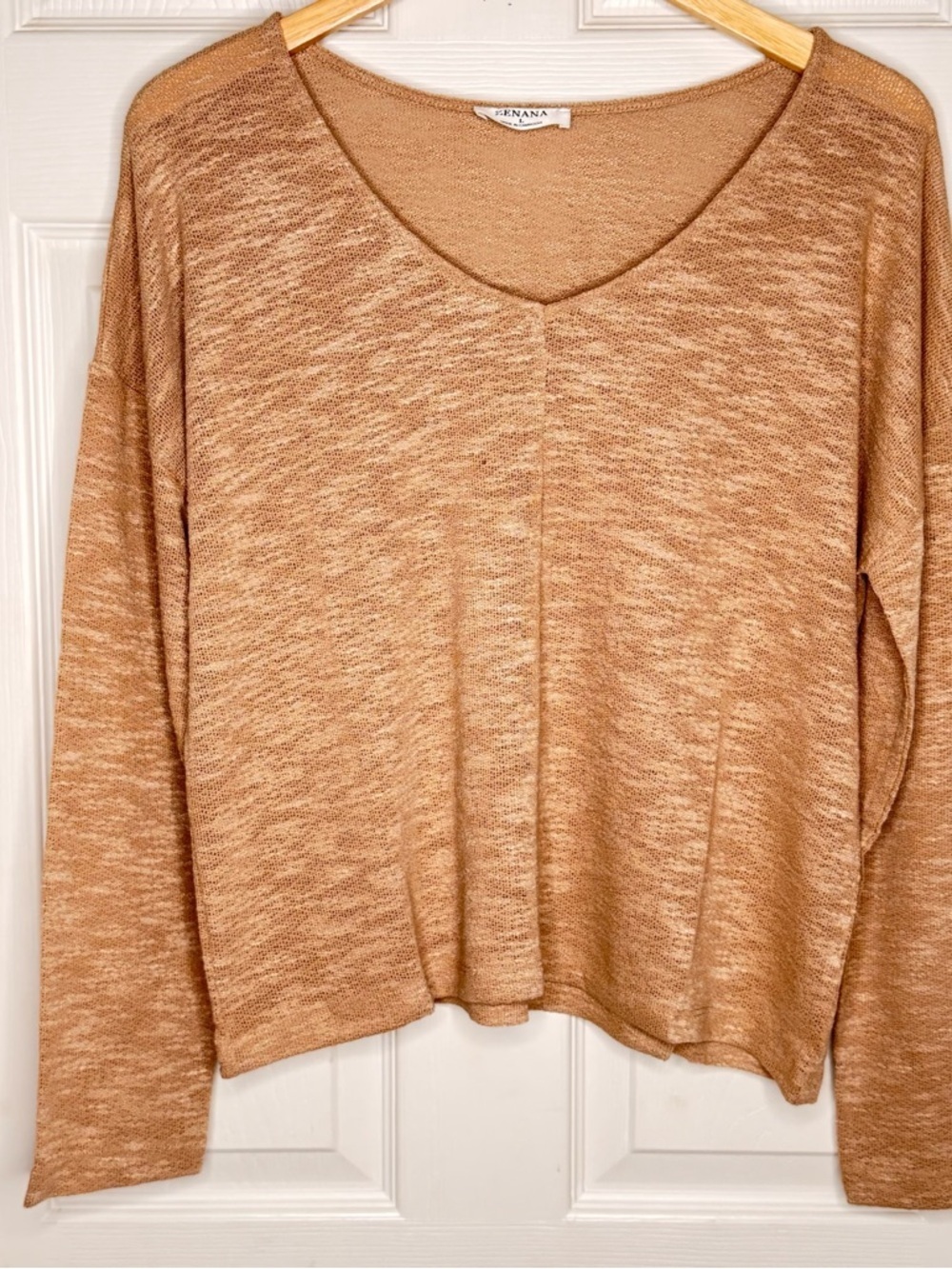 New Zenana Lightweight Knit V Neck Top Camel Tan Long Sleeve Casual S M L - Picture 3 of 7